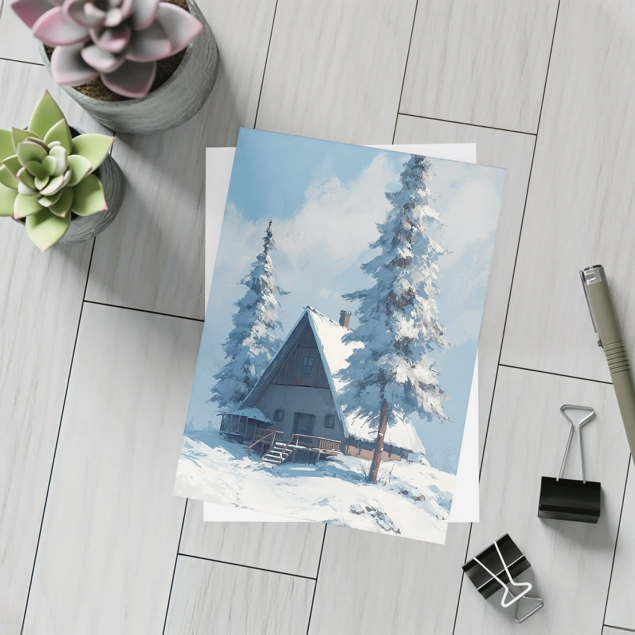 Snow Covered Cabin Winter Forest Blue Sky – Postcards