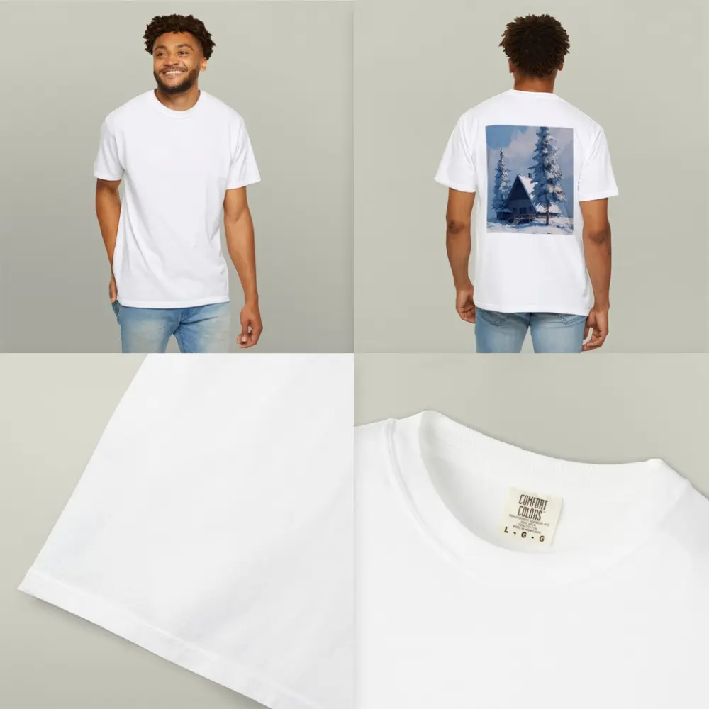 Snow Covered Cabin Winter Forest Blue Sky – T-Shirts