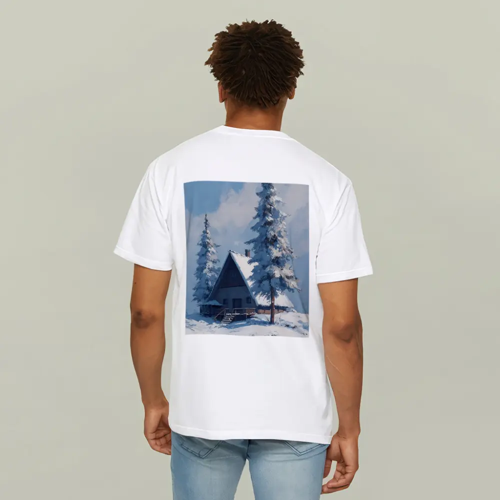 Snow Covered Cabin Winter Forest Blue Sky – T-Shirts