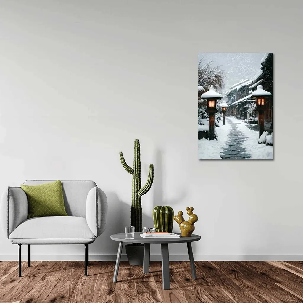 Snowy Japanese Village Street Glowing Lanterns – Wall Art