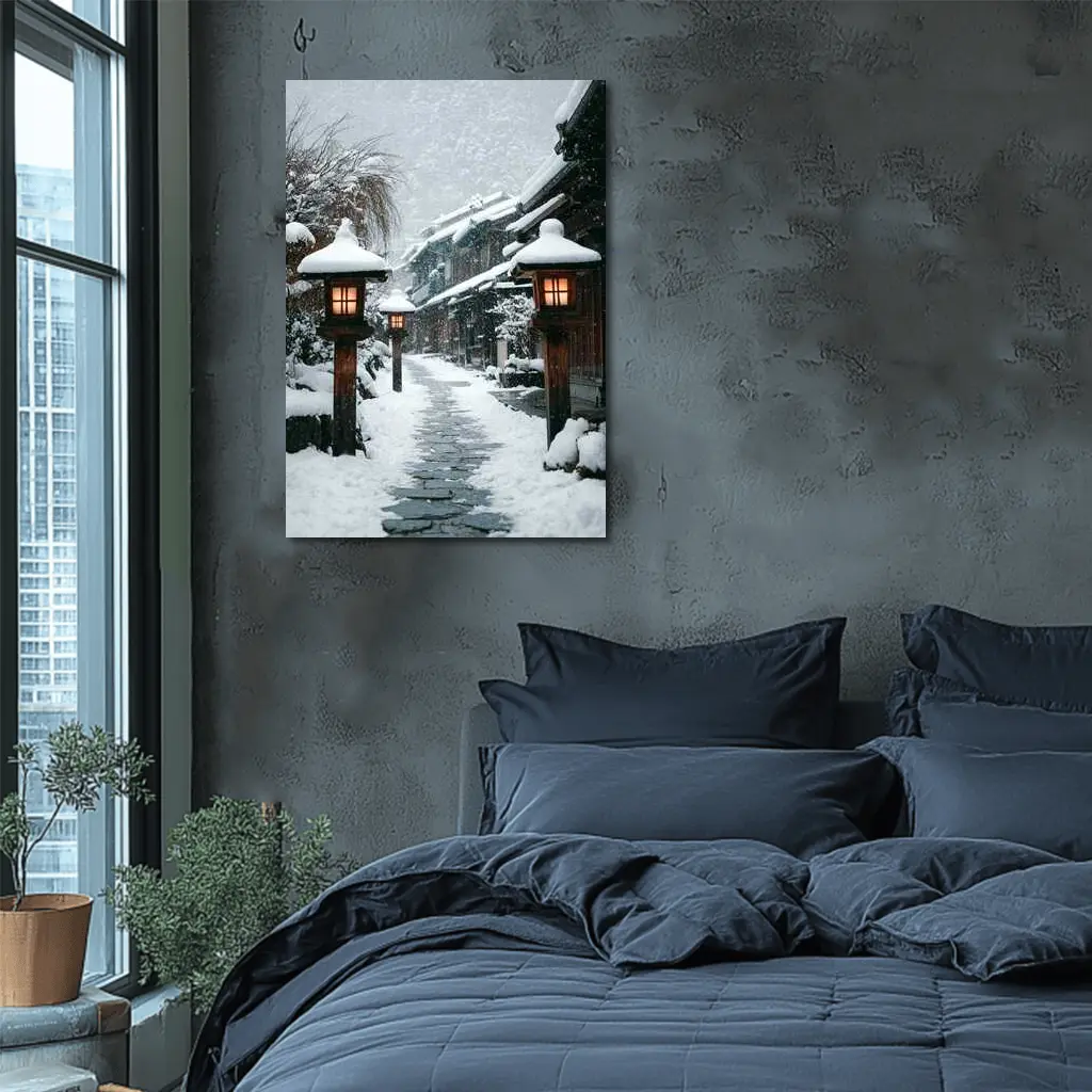 Snowy Japanese Village Street Glowing Lanterns – Wall Art