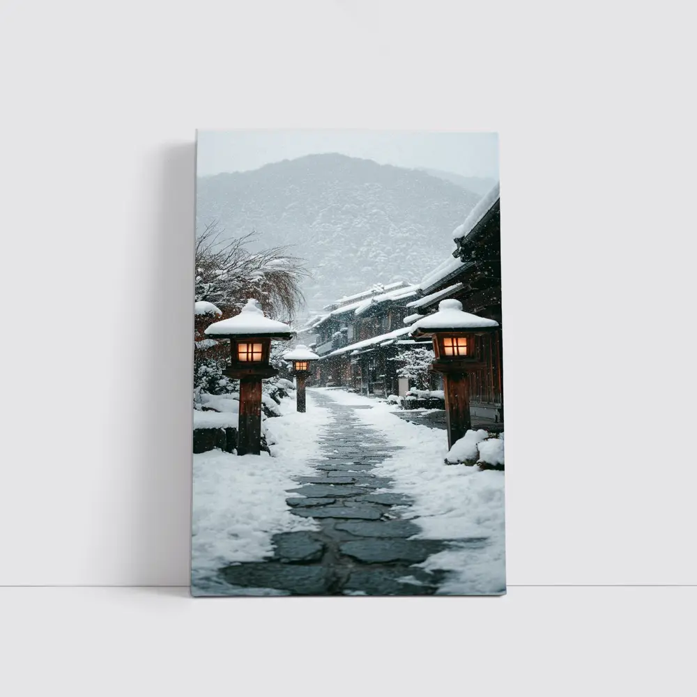 Snowy Japanese Village Street Glowing Lanterns – Wall Art