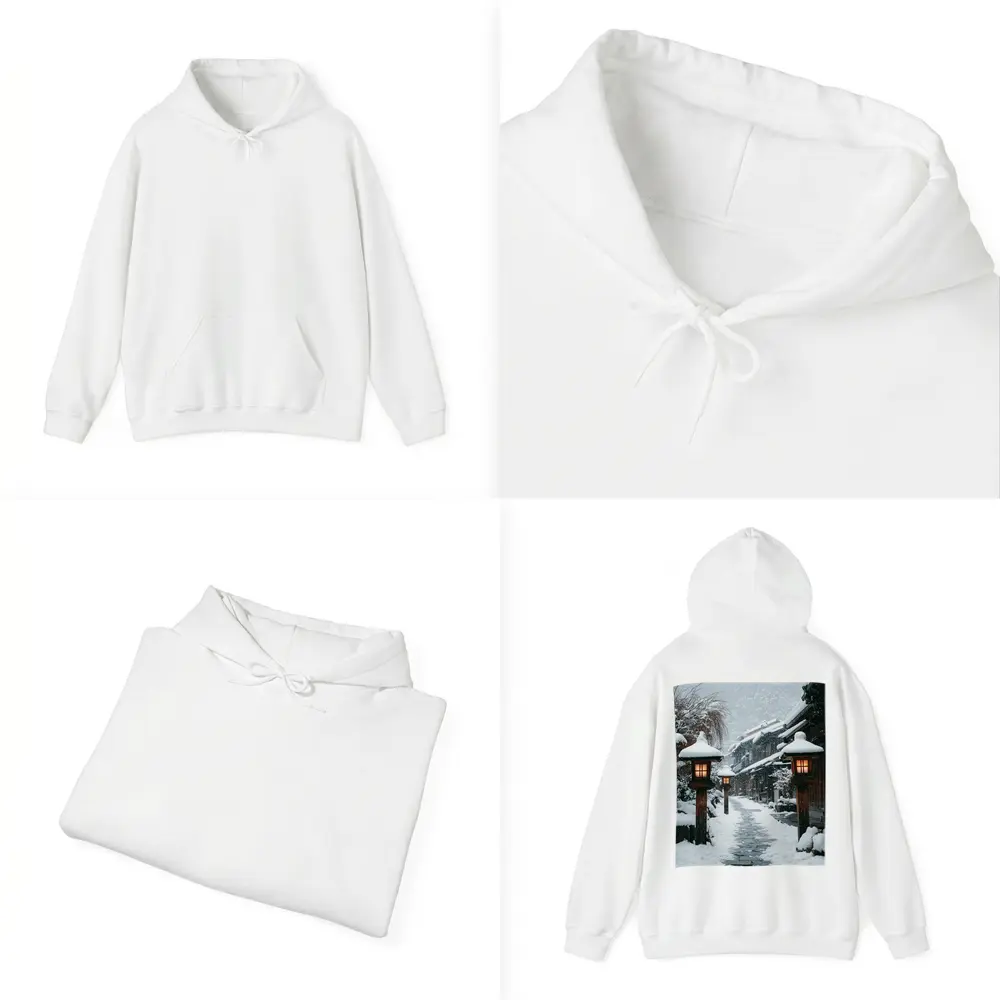 Snowy Japanese Village Street Glowing Lanterns – Hoodies