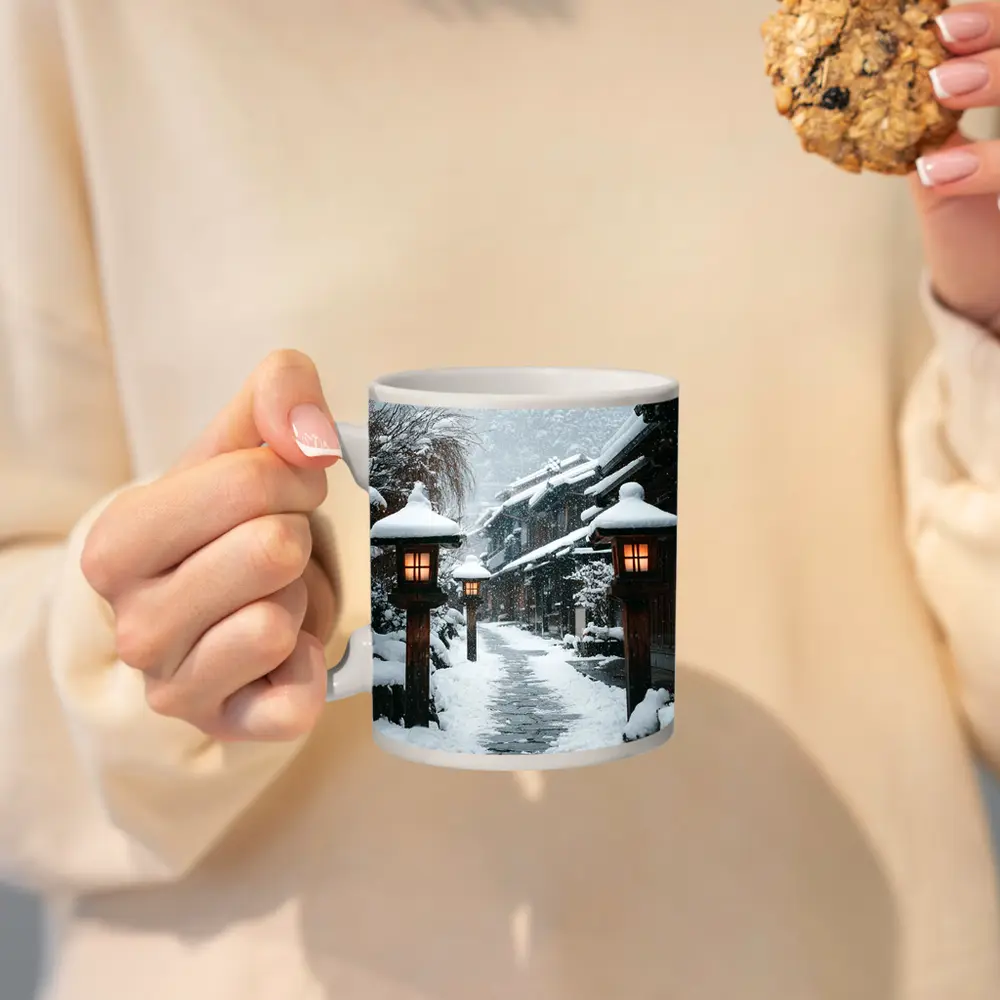 Snowy Japanese Village Street Glowing Lanterns – Mugs