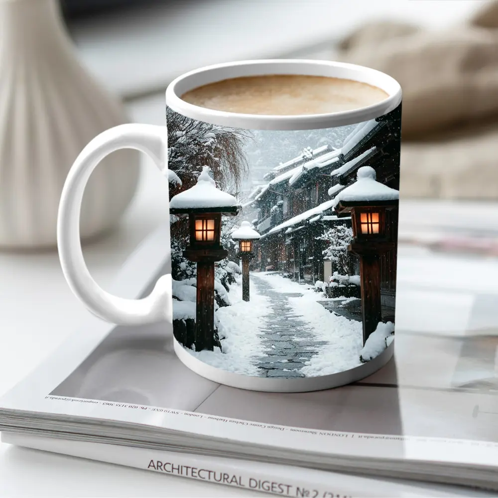 Snowy Japanese Village Street Glowing Lanterns – Mugs