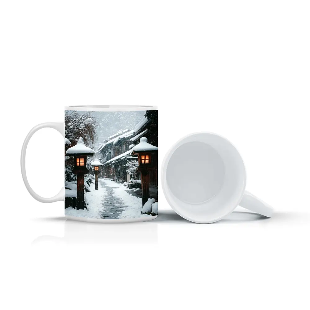 Snowy Japanese Village Street Glowing Lanterns – Mugs