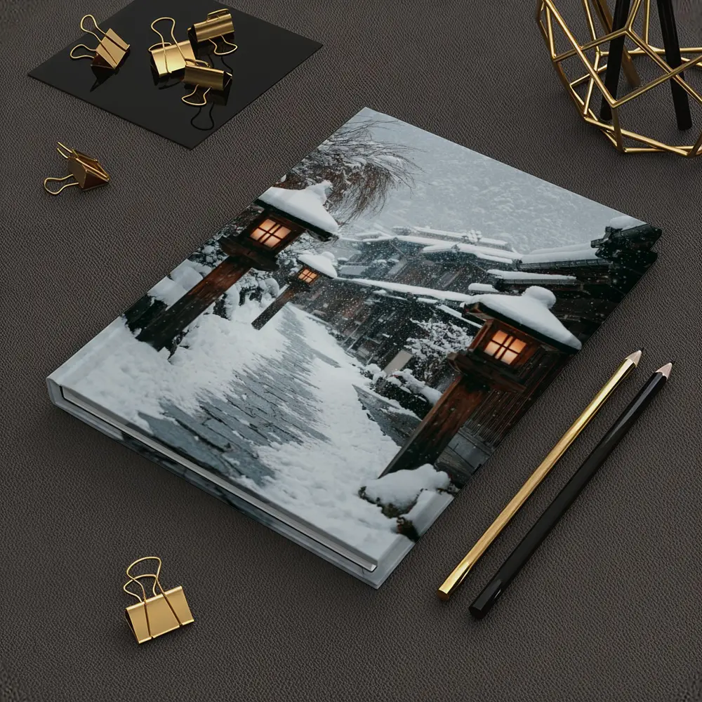 Snowy Japanese Village Street Glowing Lanterns – Notebooks