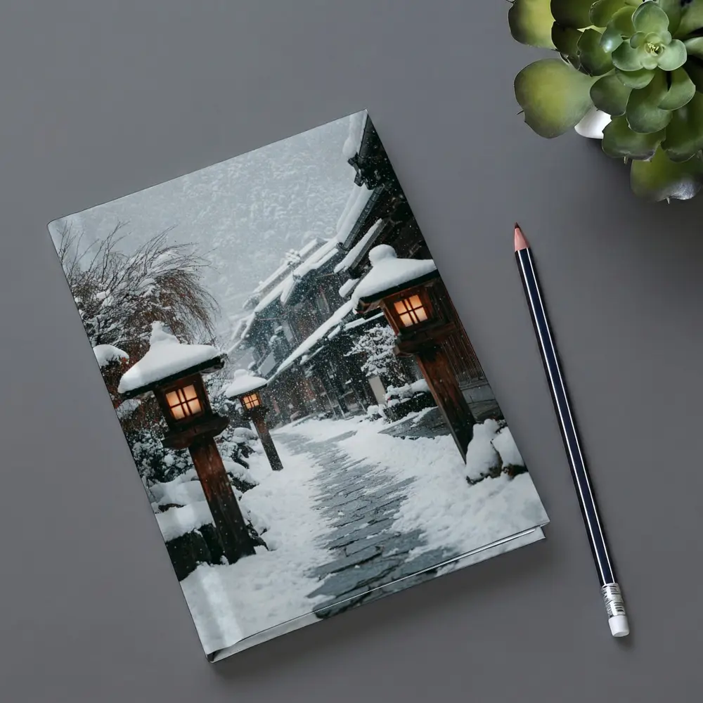 Snowy Japanese Village Street Glowing Lanterns – Notebooks