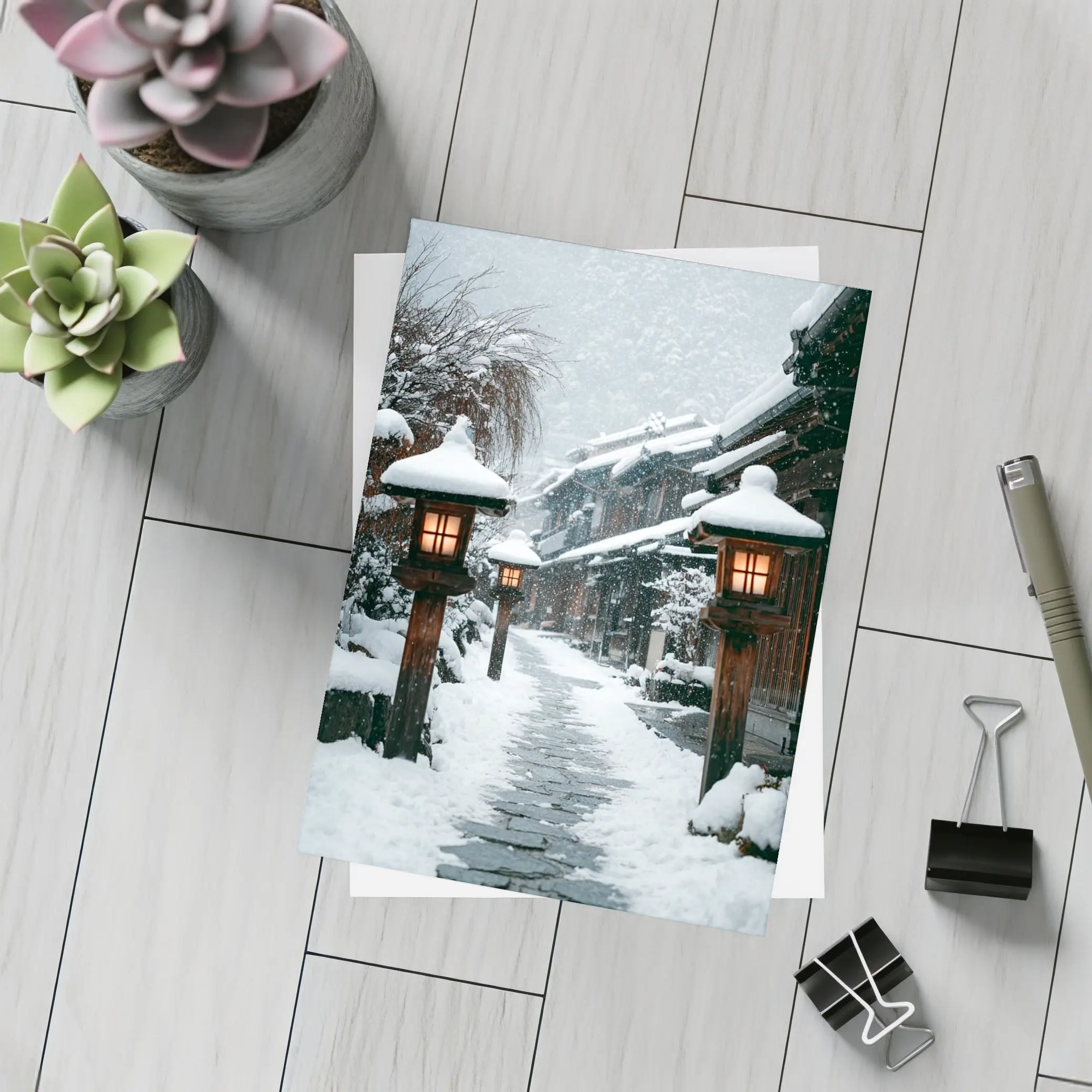Snowy Japanese Village Street Glowing Lanterns – Postcards
