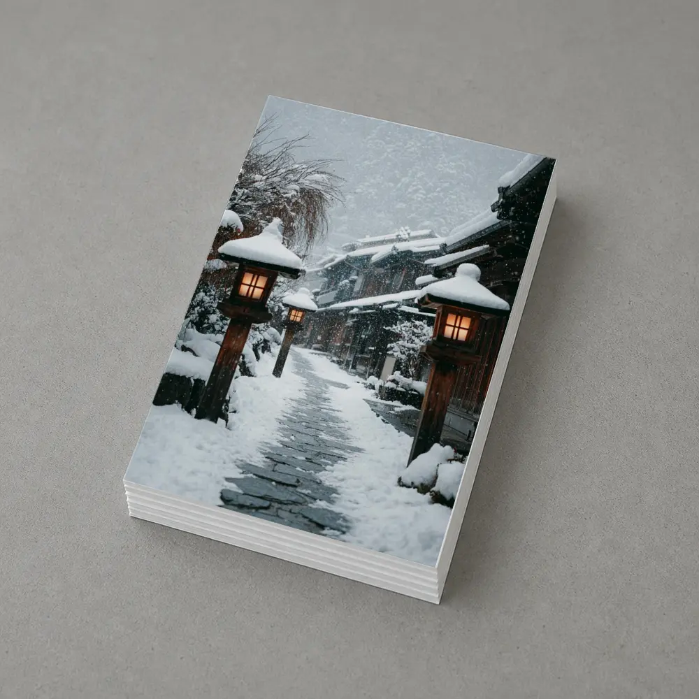 Snowy Japanese Village Street Glowing Lanterns – Postcards