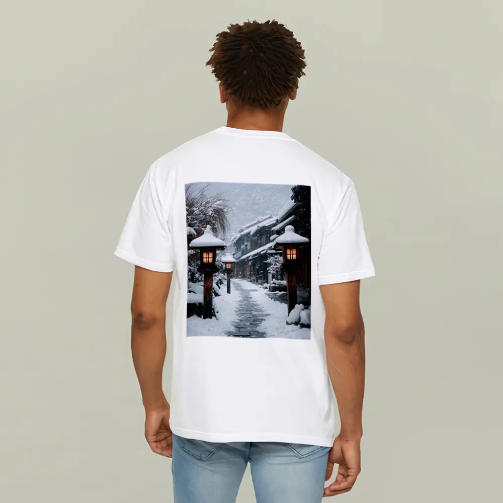 Snowy Japanese Village Street Glowing Lanterns – T-Shirts