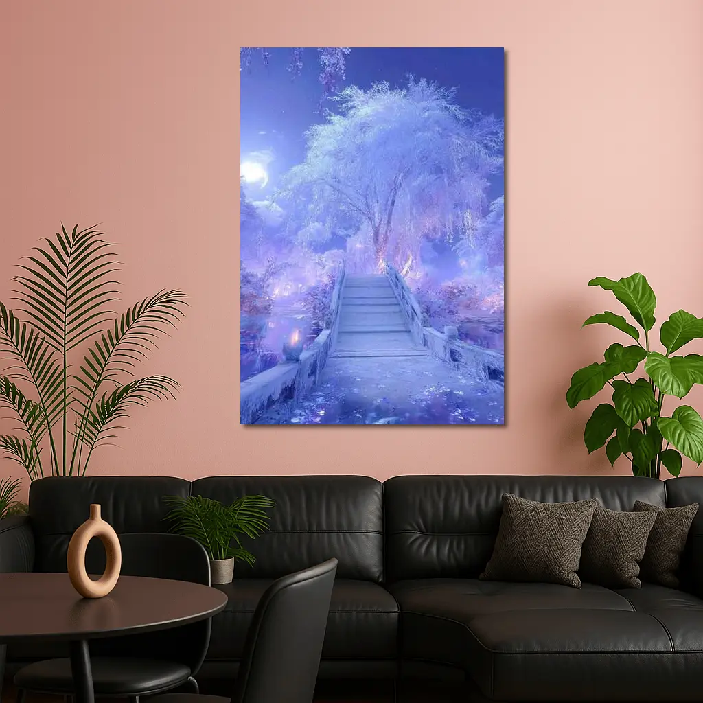 Fantasy Winter Bridge Purple Moonlit Night – Wall Art