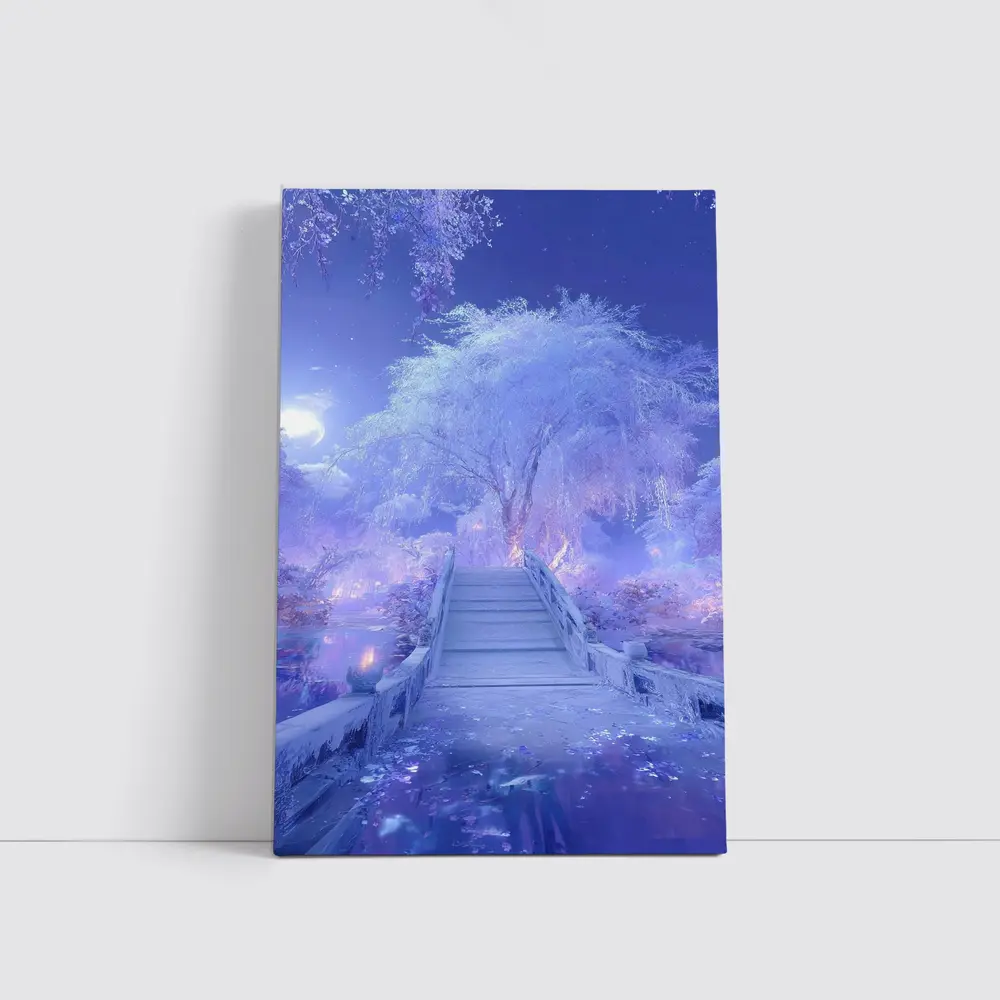 Fantasy Winter Bridge Purple Moonlit Night – Wall Art
