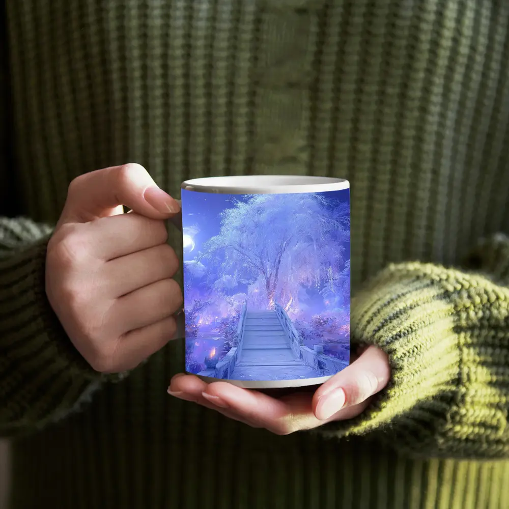 Fantasy Winter Bridge Purple Moonlit Night – Mugs