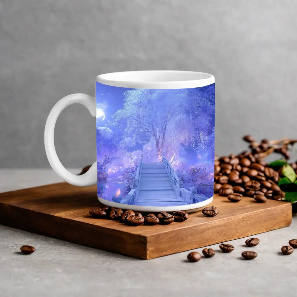 Fantasy Winter Bridge Purple Moonlit Night – Mugs