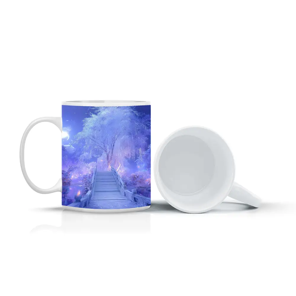 Fantasy Winter Bridge Purple Moonlit Night – Mugs