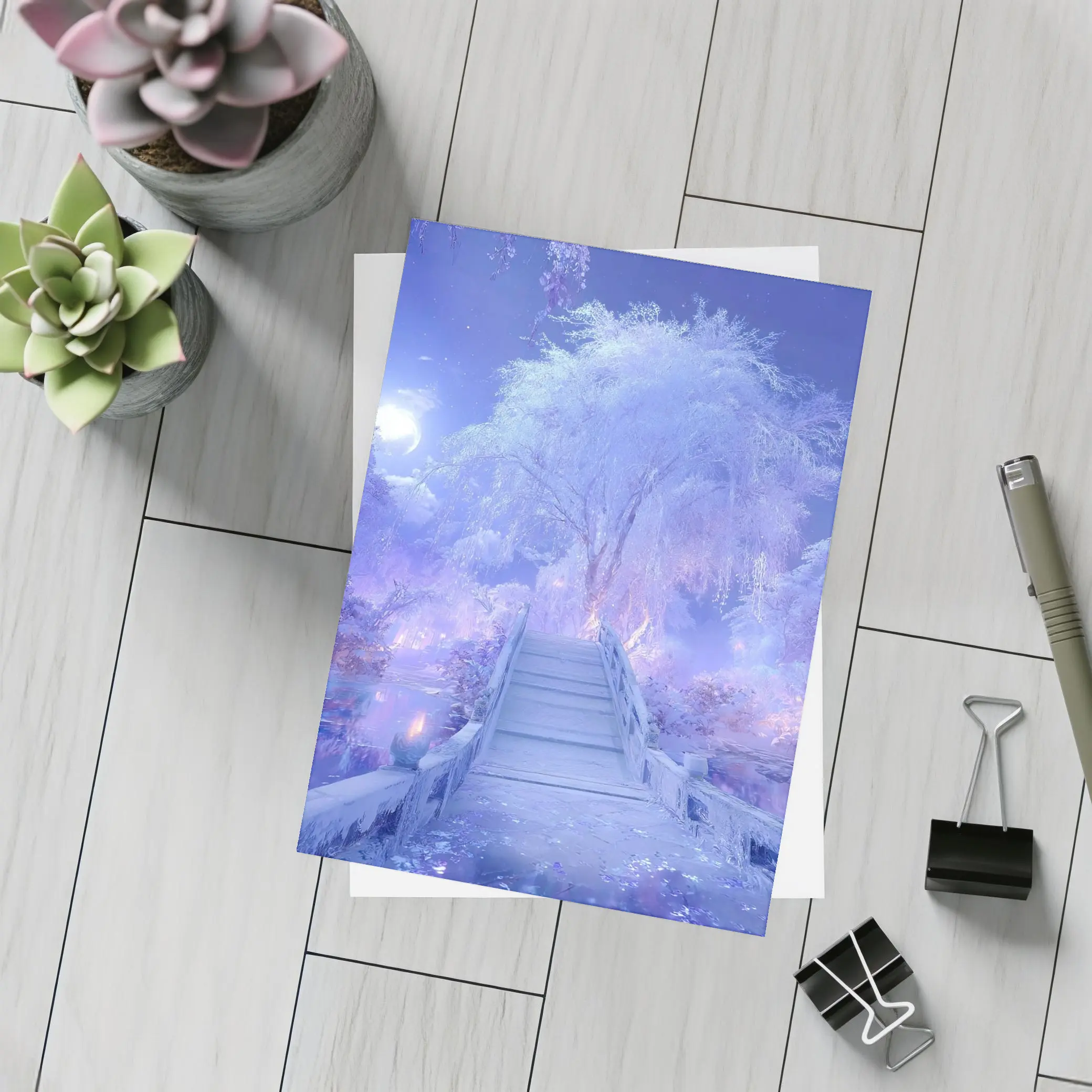 Fantasy Winter Bridge Purple Moonlit Night – Postcards