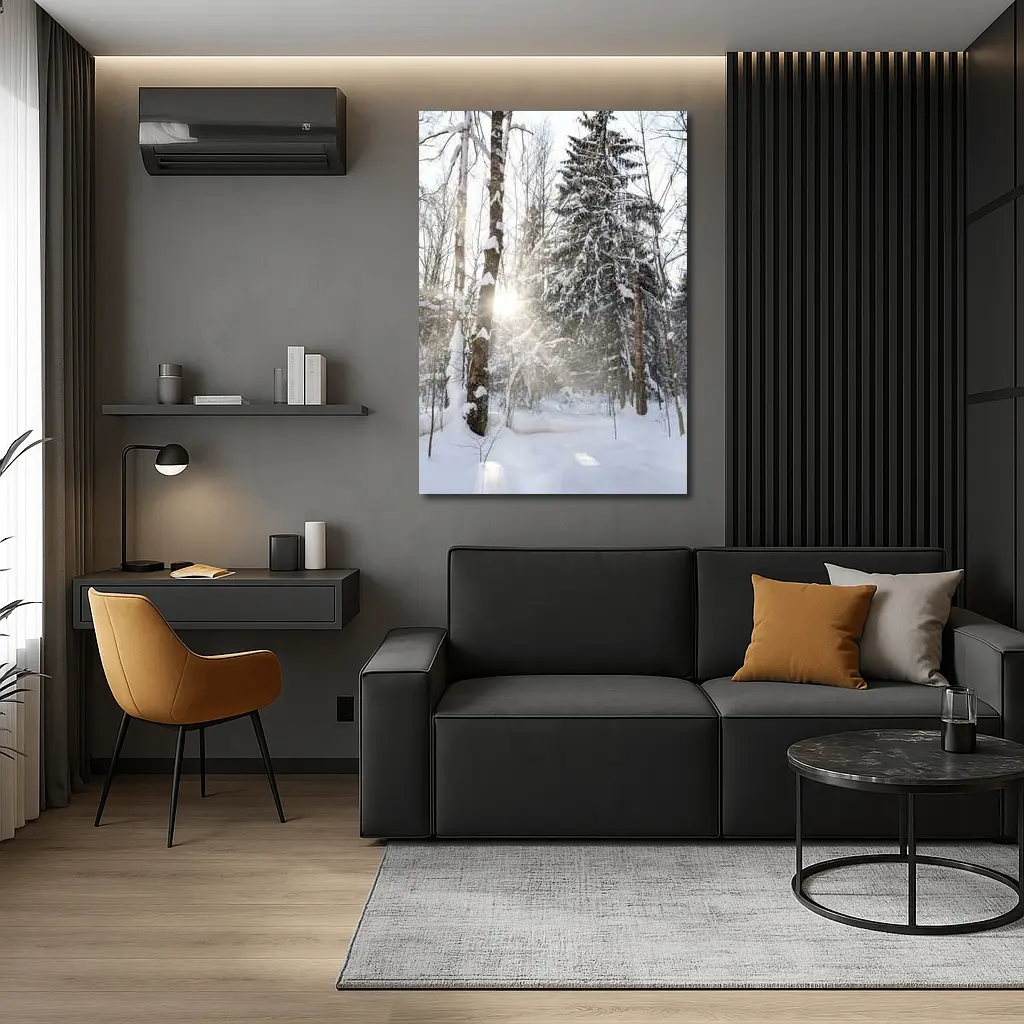 Snowy Winter Forest Sunlight Through Trees – Wall Art