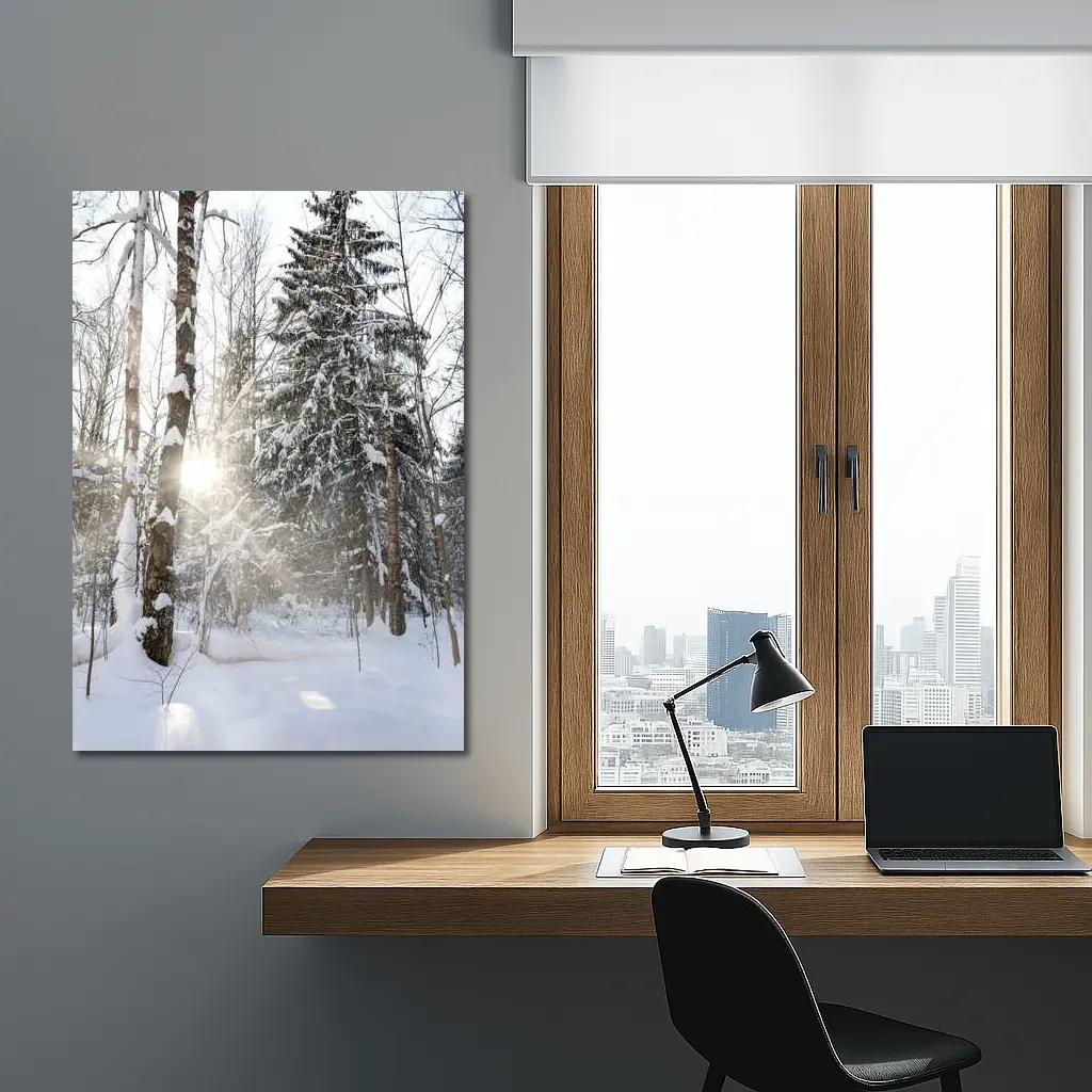 Snowy Winter Forest Sunlight Through Trees – Wall Art