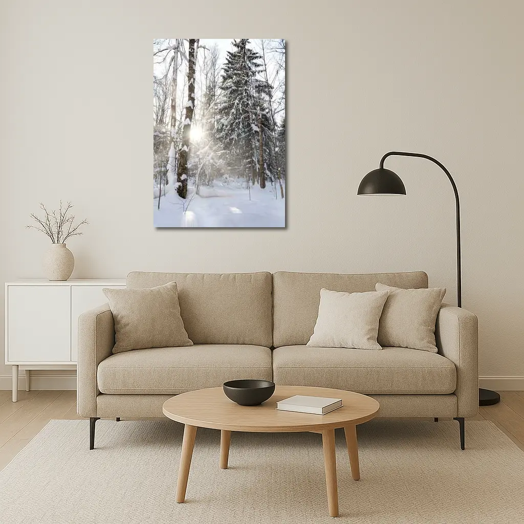 Snowy Winter Forest Sunlight Through Trees – Wall Art