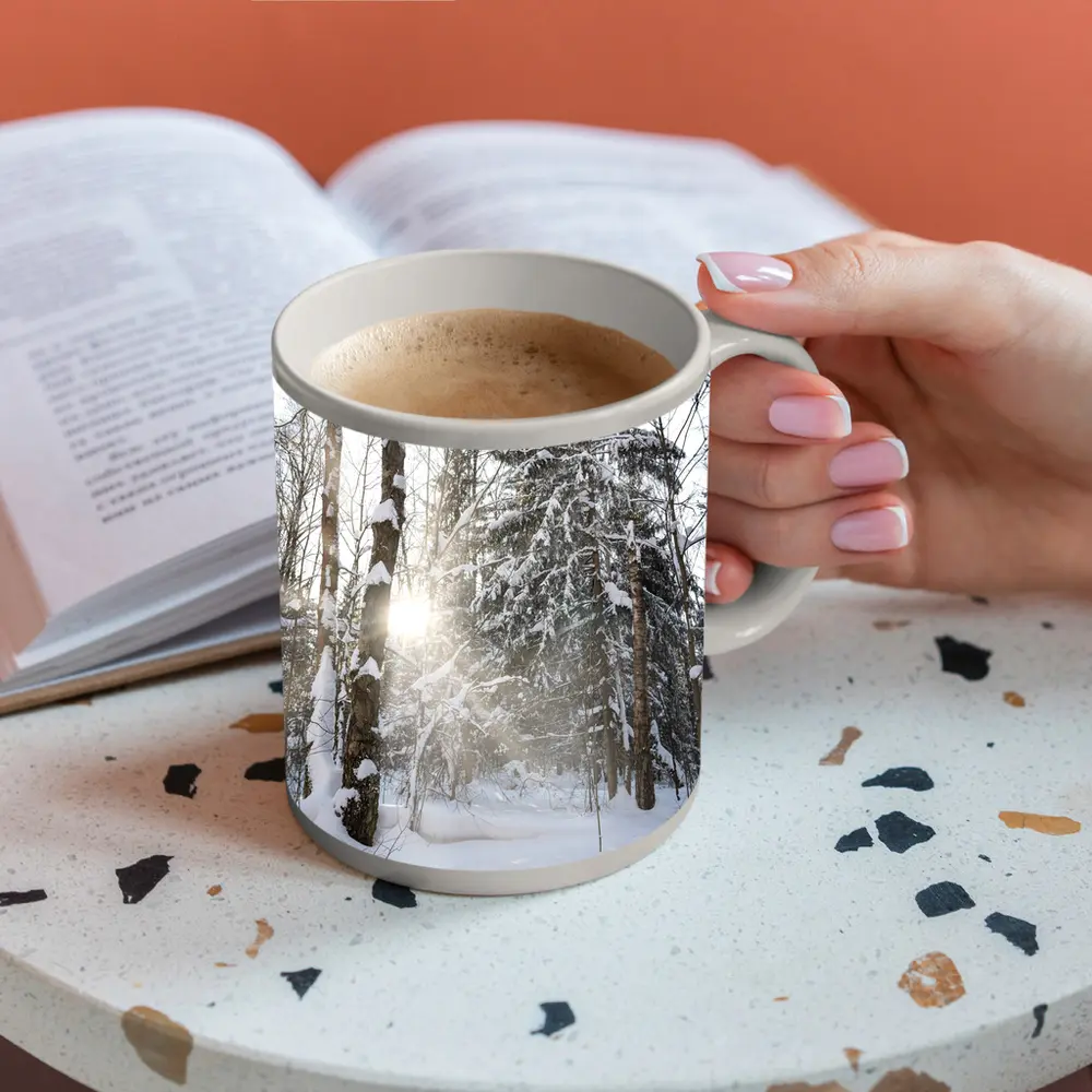 Snowy Winter Forest Sunlight Through Trees – Mugs