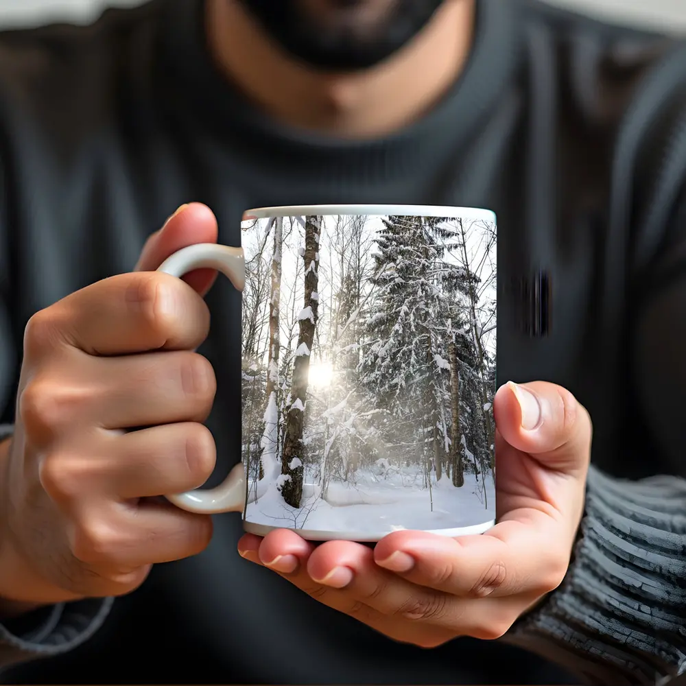 Snowy Winter Forest Sunlight Through Trees – Mugs