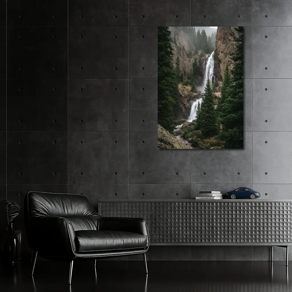 Mountain Waterfall Rocky Cliff Pine Forest – Wall Art