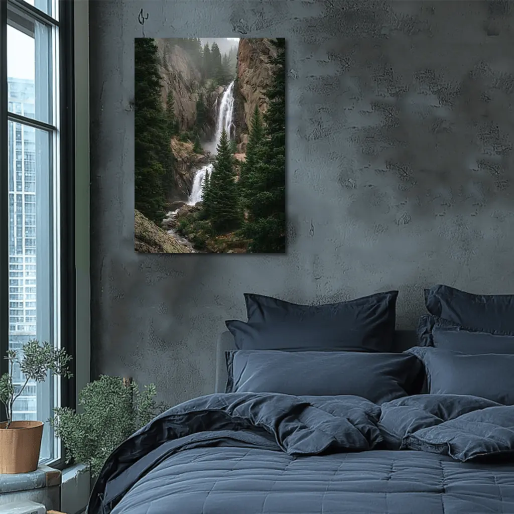 Mountain Waterfall Rocky Cliff Pine Forest – Wall Art