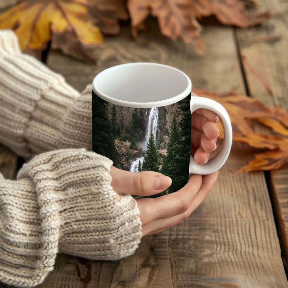 Mountain Waterfall Rocky Cliff Pine Forest – Mugs