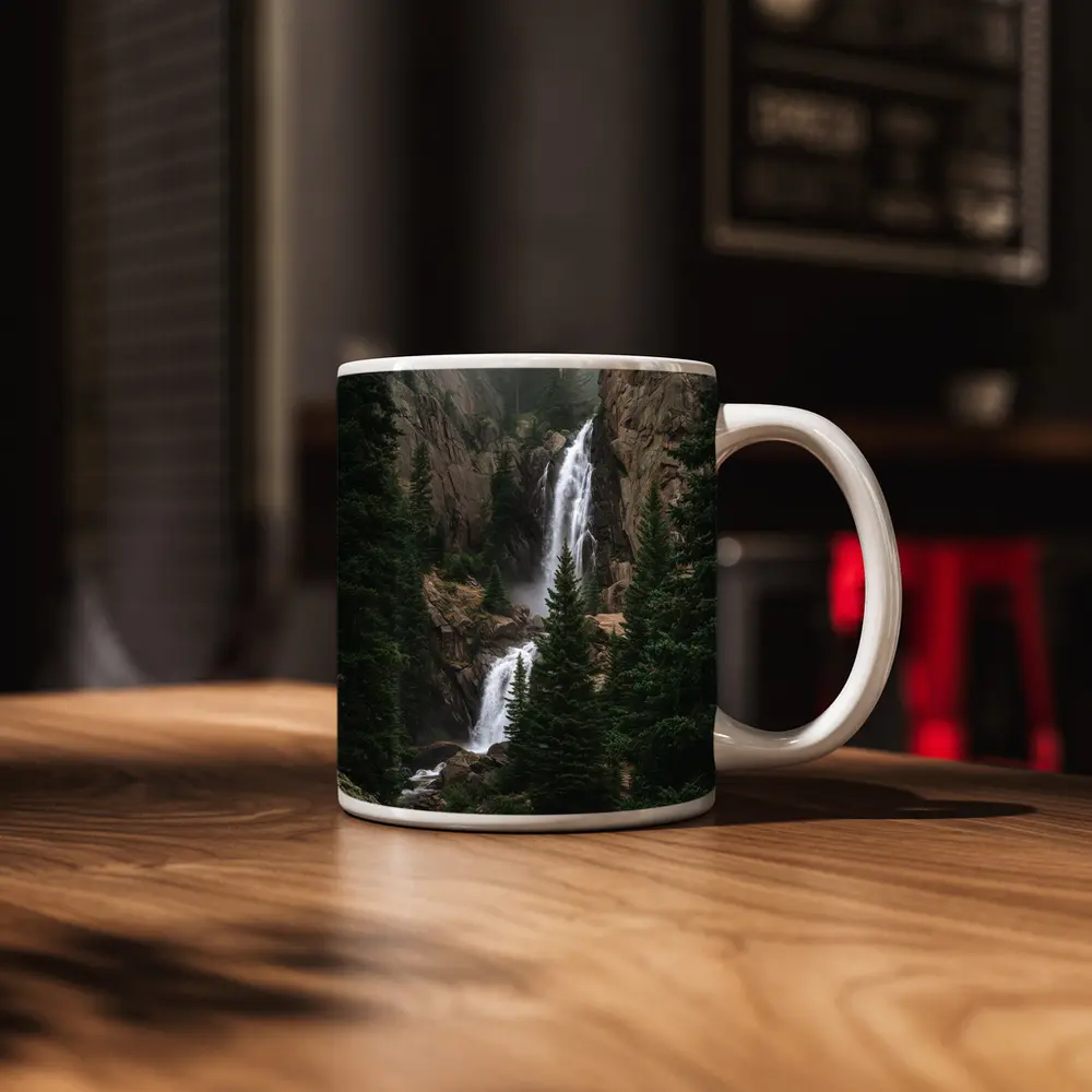 Mountain Waterfall Rocky Cliff Pine Forest – Mugs