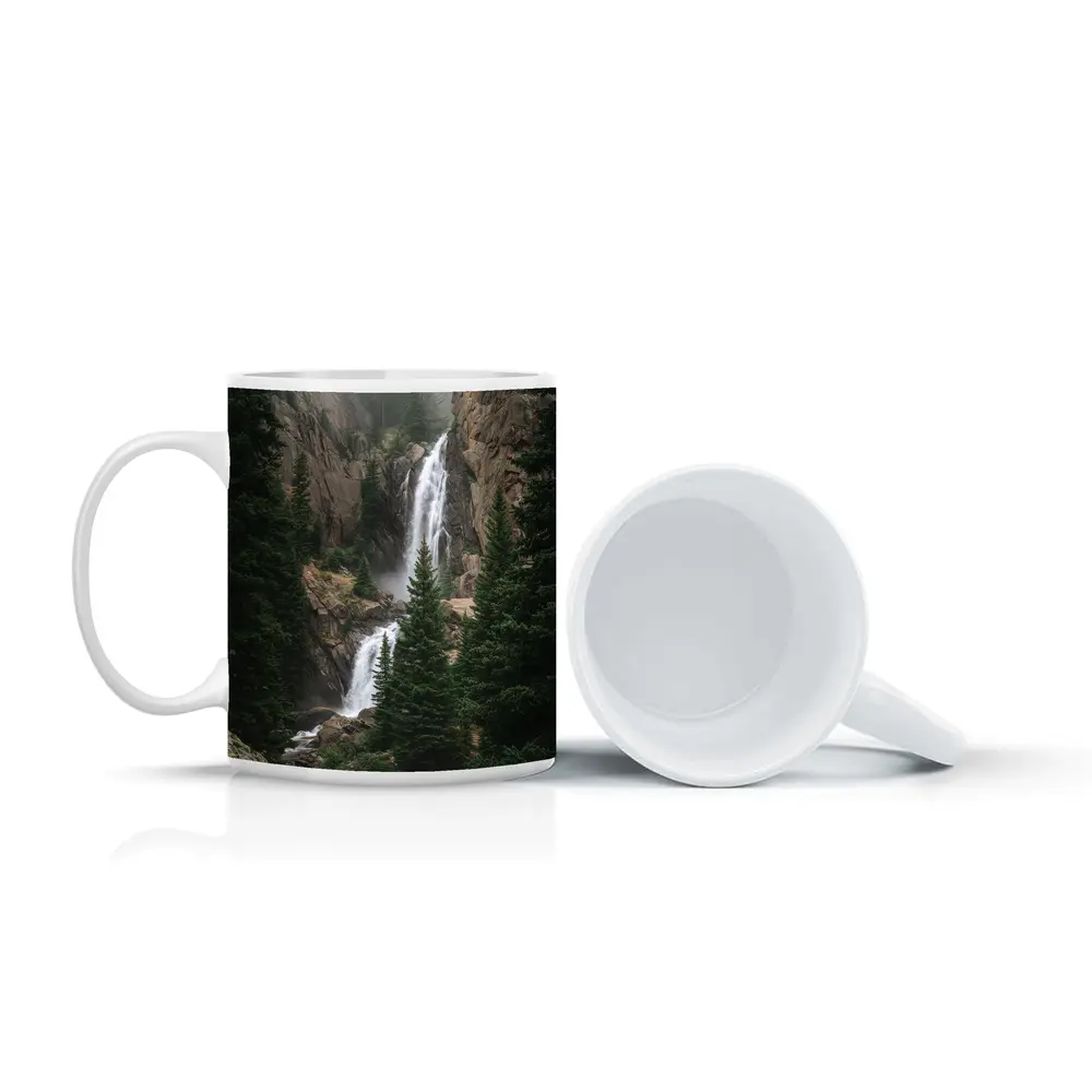 Mountain Waterfall Rocky Cliff Pine Forest – Mugs