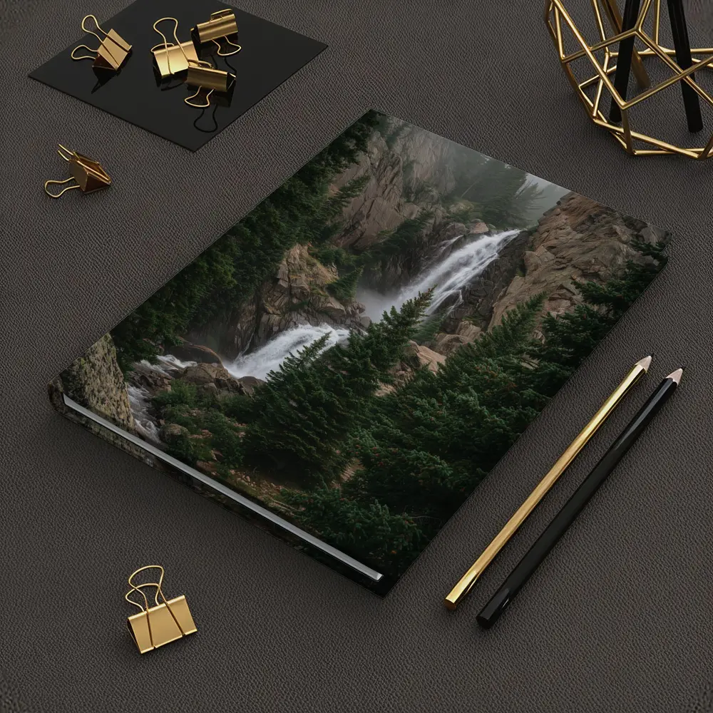 Mountain Waterfall Rocky Cliff Pine Forest – Notebooks