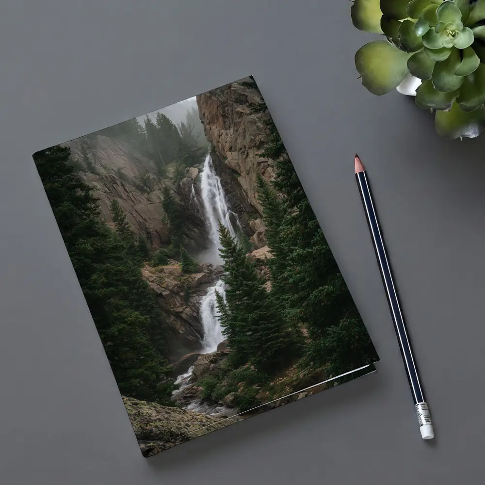 Mountain Waterfall Rocky Cliff Pine Forest – Notebooks
