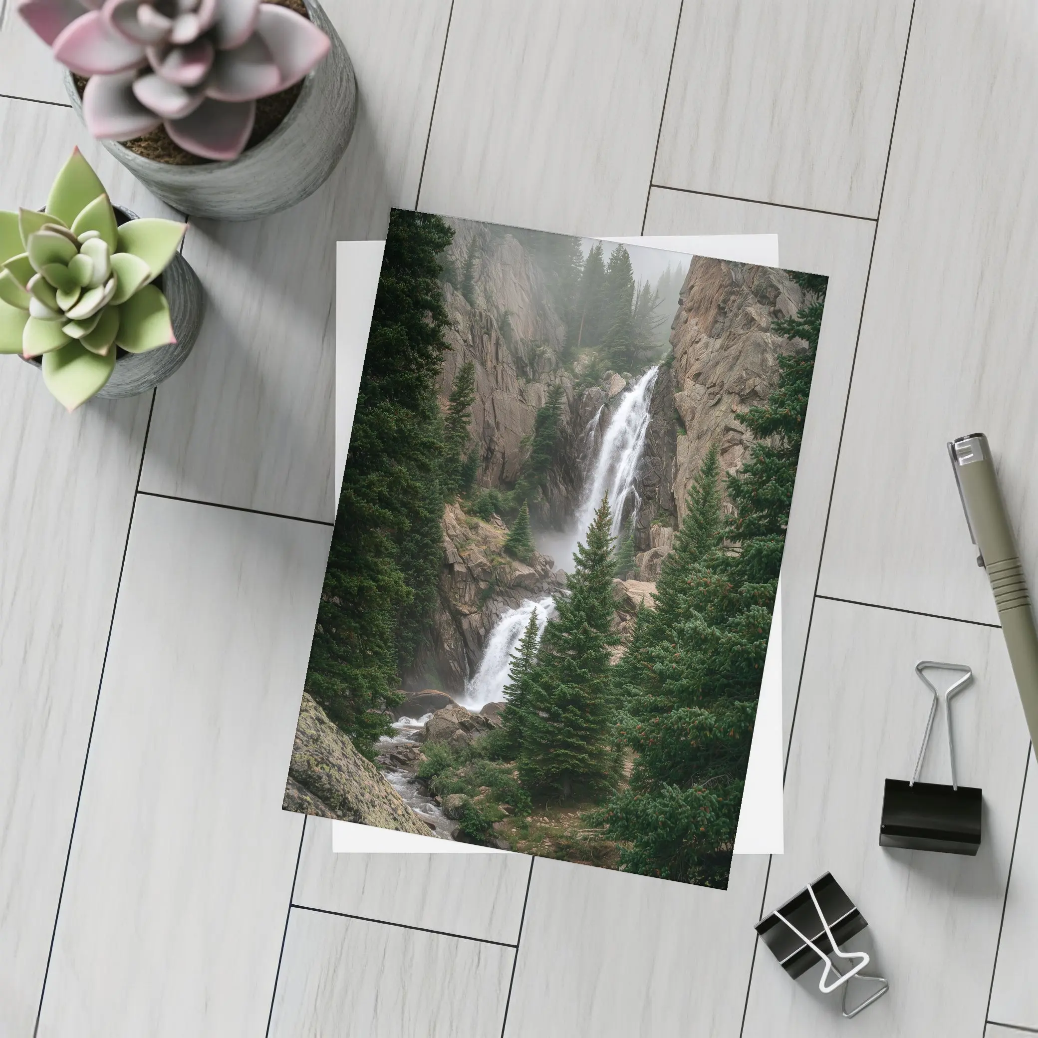 Mountain Waterfall Rocky Cliff Pine Forest – Postcards