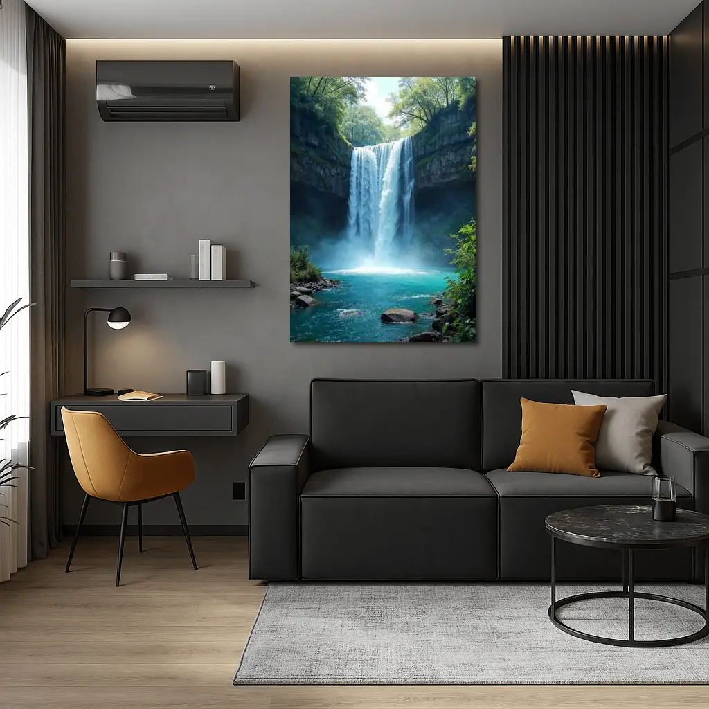 Tall Waterfall Turquoise Pool Forest Rocks – Wall Art