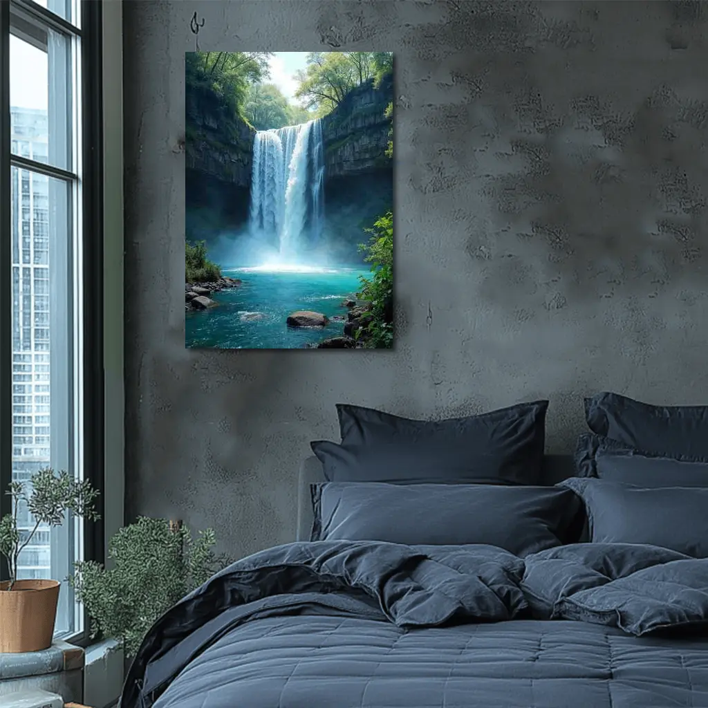 Tall Waterfall Turquoise Pool Forest Rocks – Wall Art
