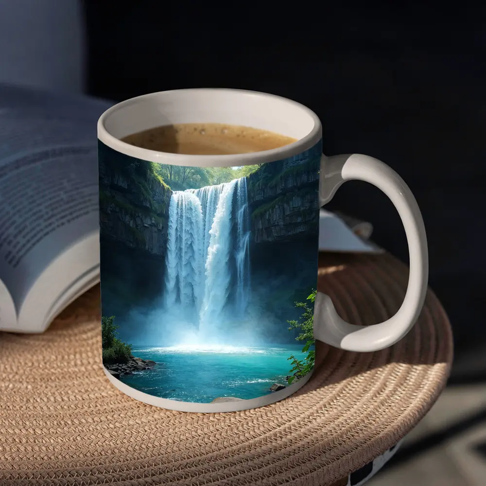 Tall Waterfall Turquoise Pool Forest Rocks – Mugs
