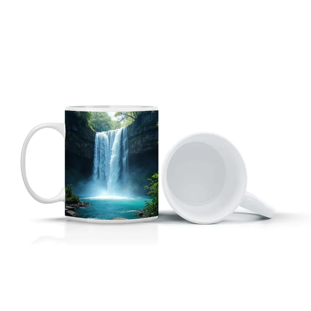 Tall Waterfall Turquoise Pool Forest Rocks – Mugs
