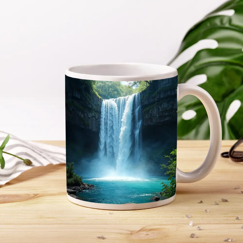 Tall Waterfall Turquoise Pool Forest Rocks – Mugs