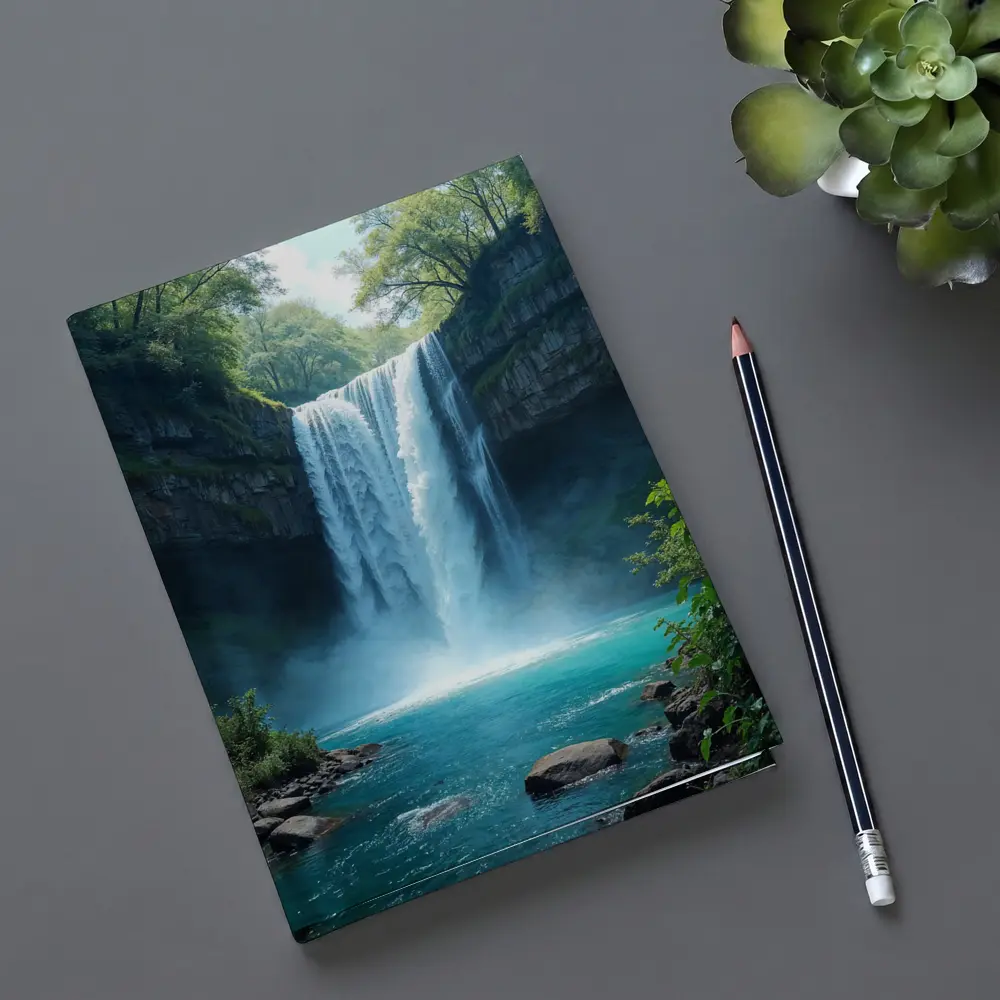 Tall Waterfall Turquoise Pool Forest Rocks – Notebooks
