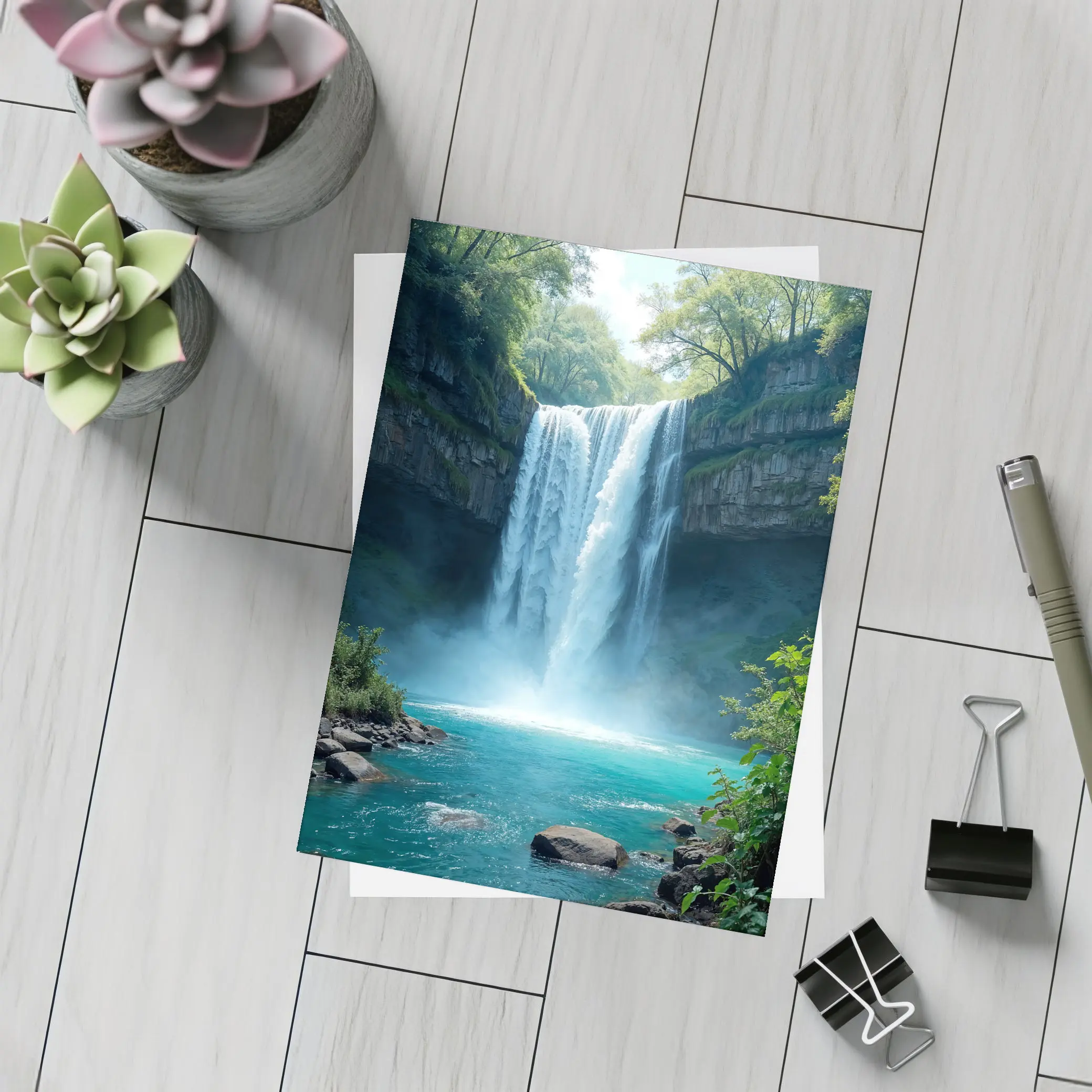 Tall Waterfall Turquoise Pool Forest Rocks – Postcards
