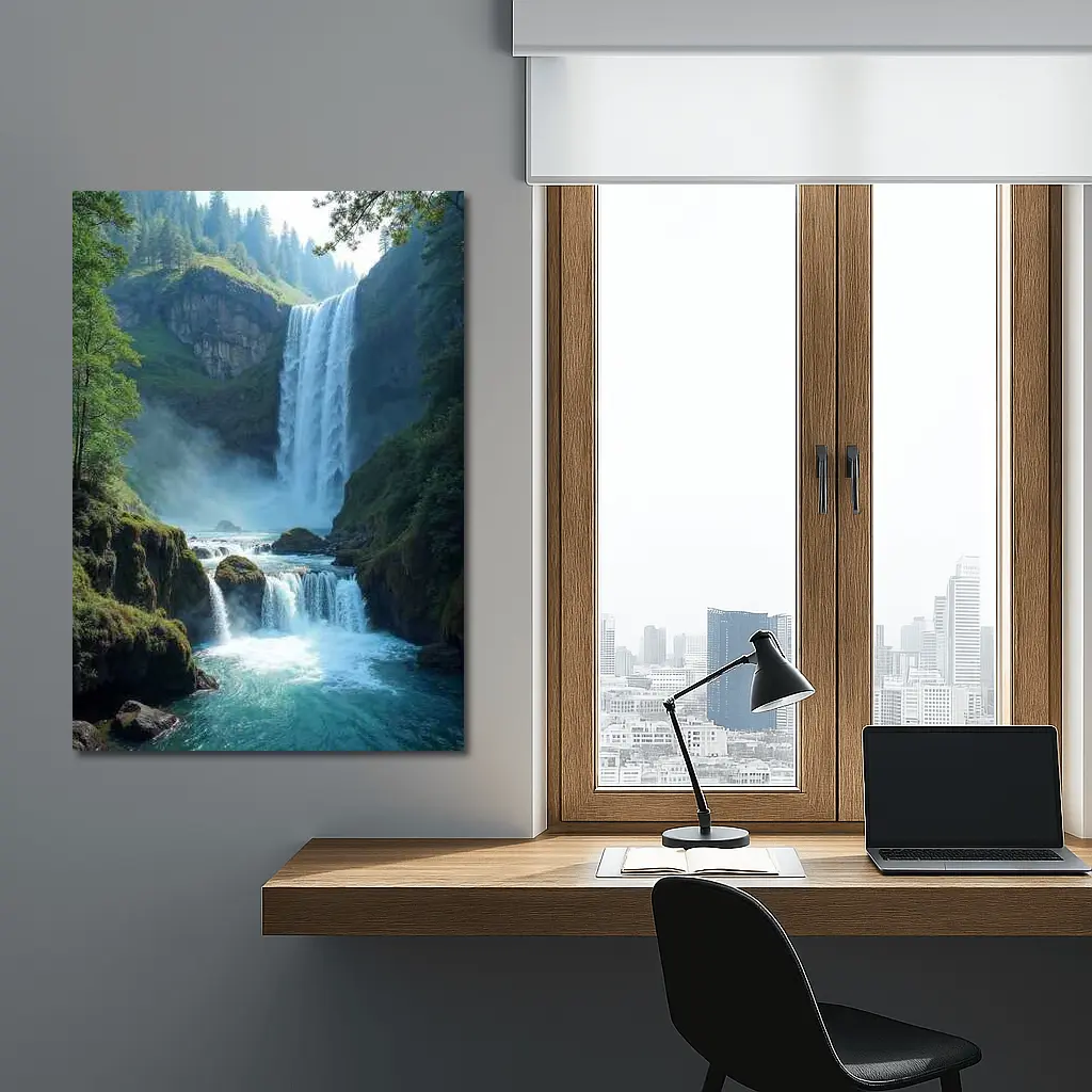 Tall Waterfall Cascading Into Turquoise Pool – Wall Art