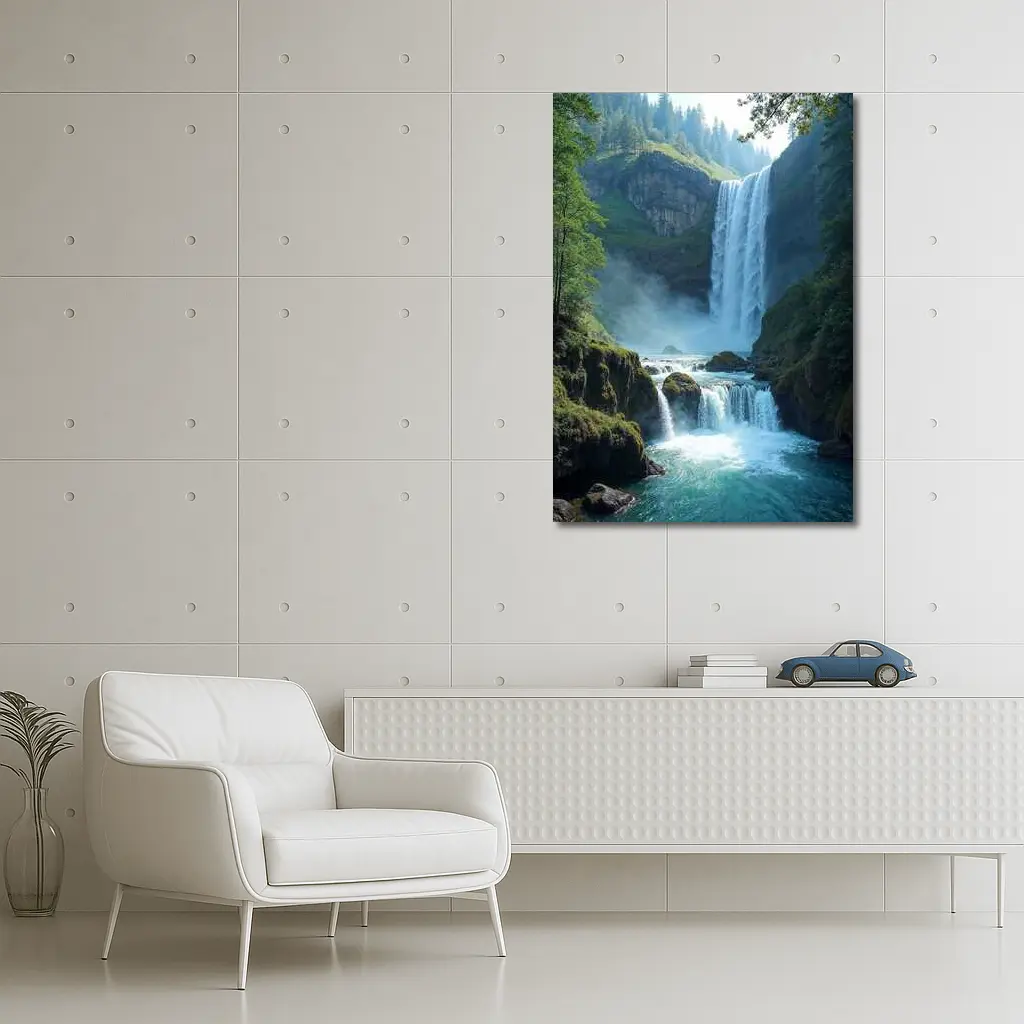 Tall Waterfall Cascading Into Turquoise Pool – Wall Art
