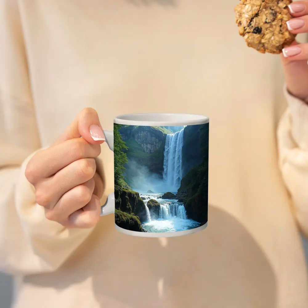 Tall Waterfall Cascading Into Turquoise Pool – Mugs