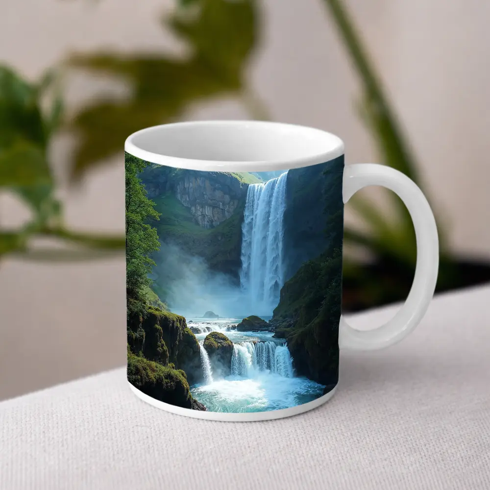 Tall Waterfall Cascading Into Turquoise Pool – Mugs
