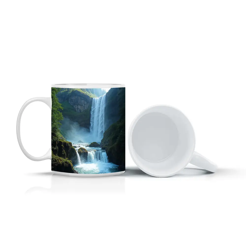 Tall Waterfall Cascading Into Turquoise Pool – Mugs