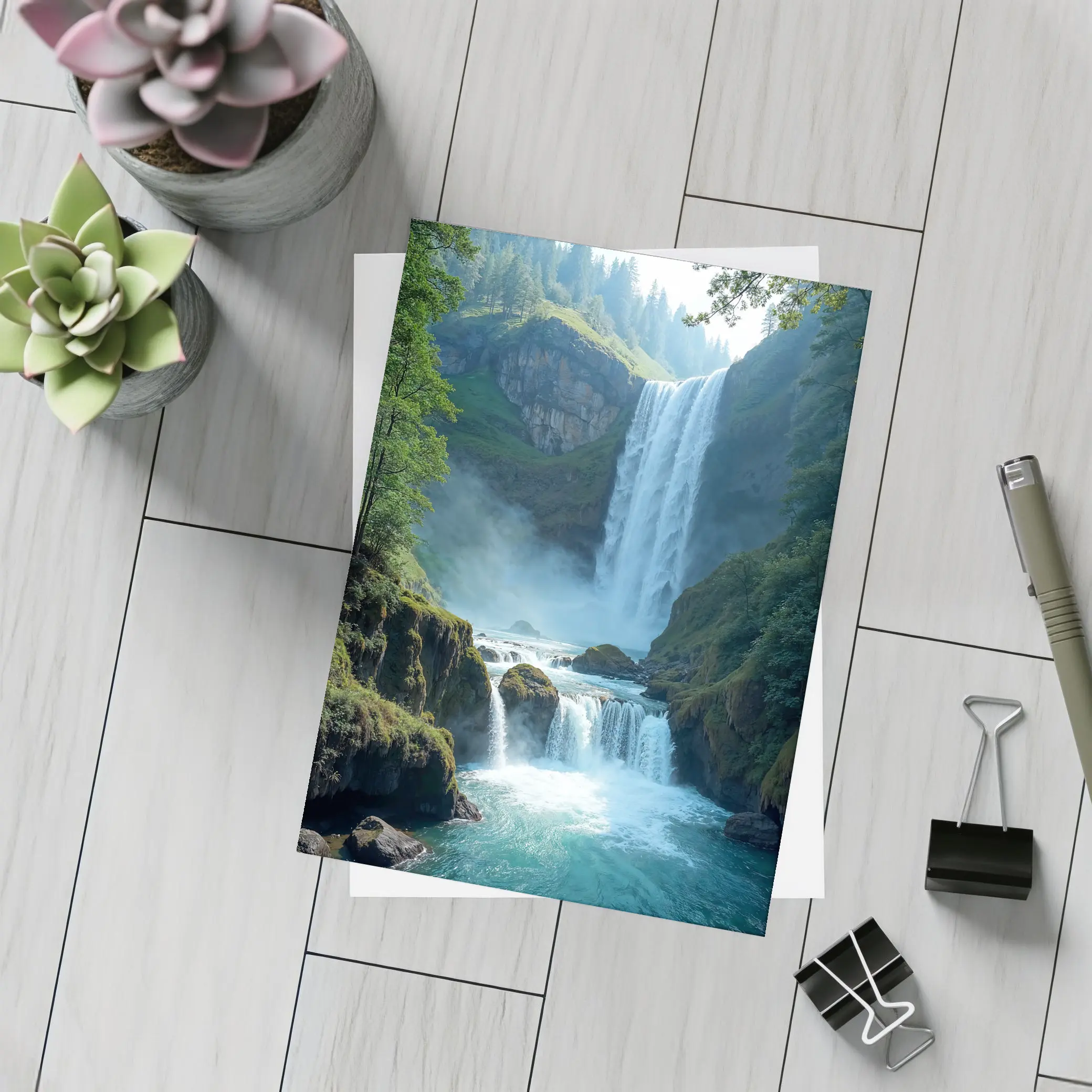 Tall Waterfall Cascading Into Turquoise Pool – Postcards