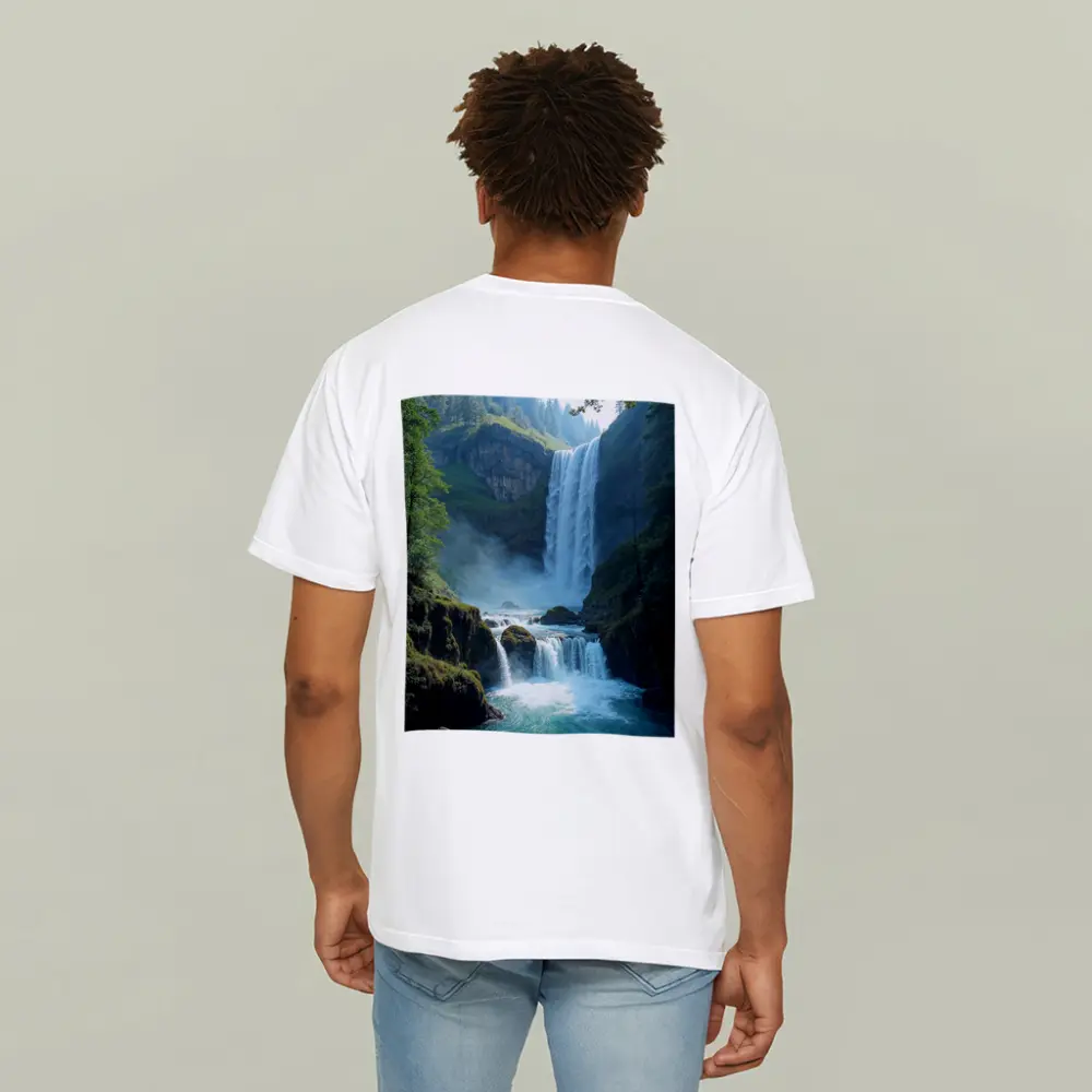 Tall Waterfall Cascading Into Turquoise Pool – T-Shirts