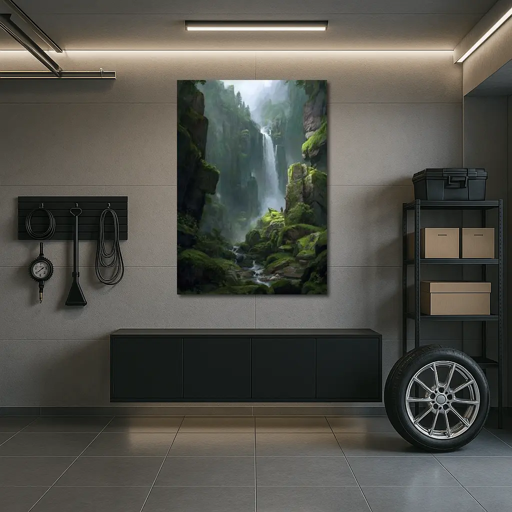 Fantasy Waterfall Gorge Mossy Cliff Figure – Wall Art