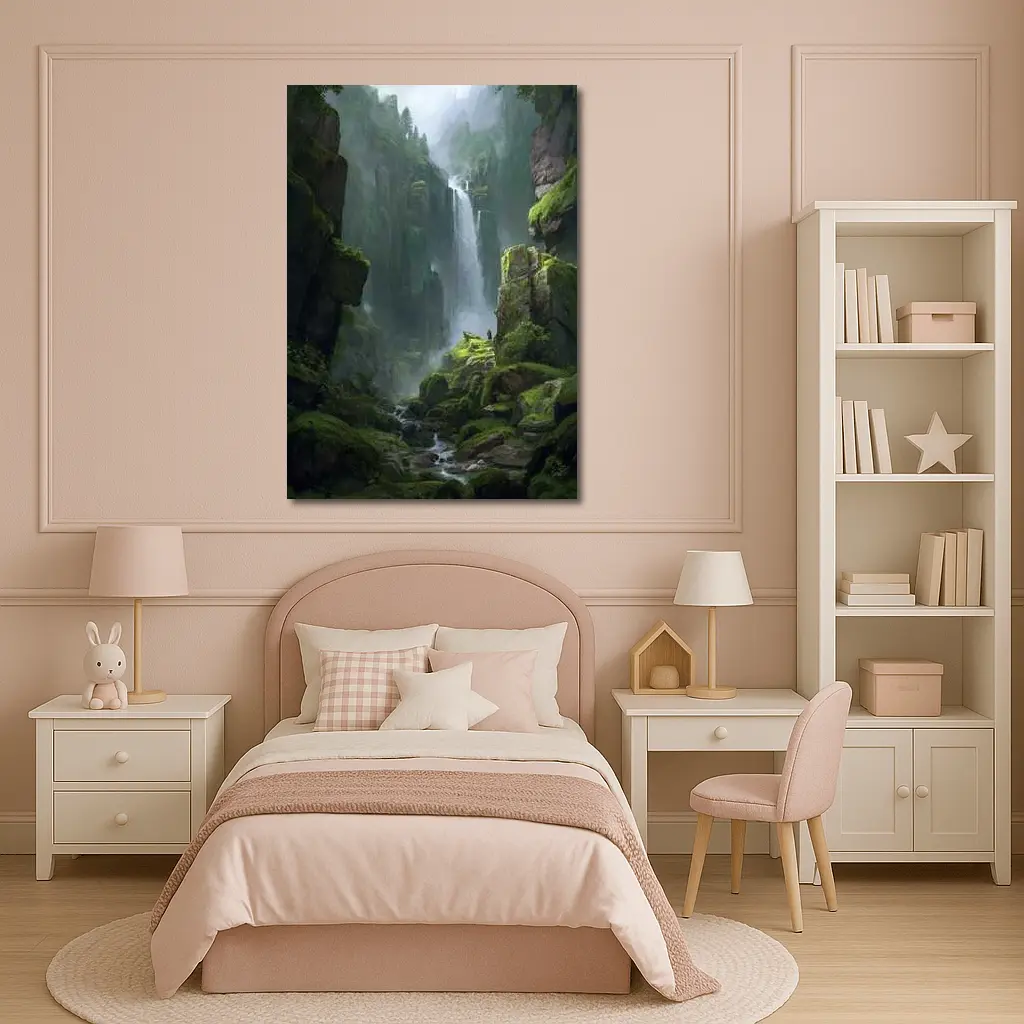 Fantasy Waterfall Gorge Mossy Cliff Figure – Wall Art